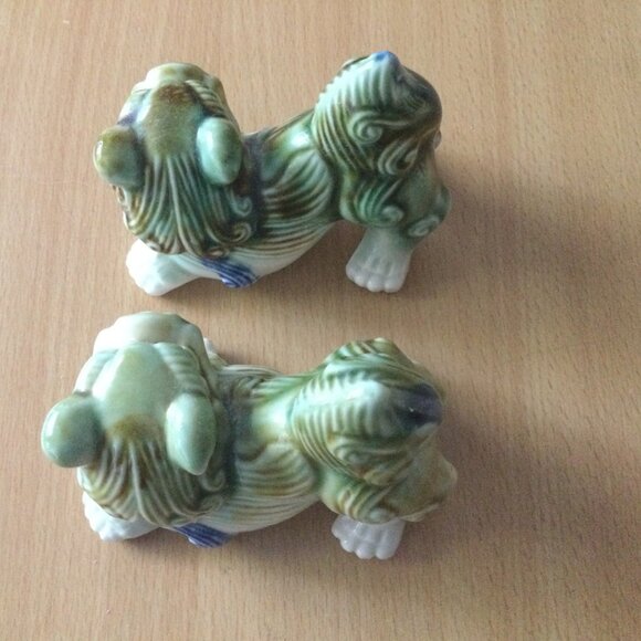 Pair Vintage foo dog lion figurines green blue ceramic san cai lucky - Picture 4 of 7